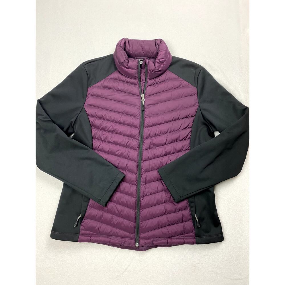32 Degrees HEAT Women Large Purple Puffer Jacket Coat Chevron Quilted Black Trim